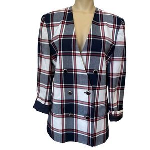 VTG Adolfo Atelier Blazer Plaid Jacket Womens Sz 10 Double Breasted Red Blue EUC